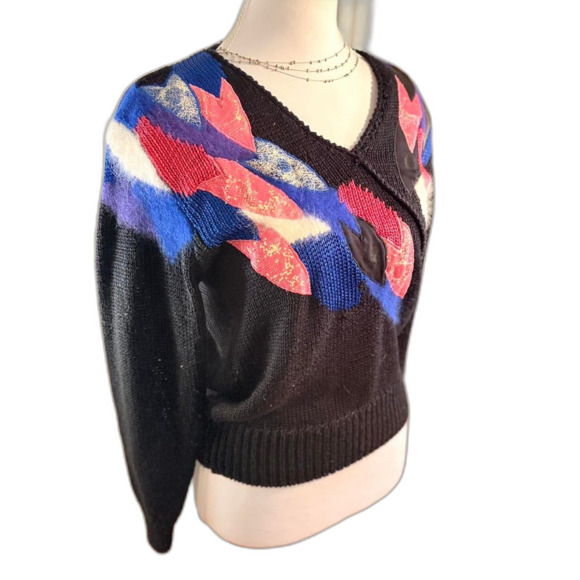 Lauren Cole vtg black blue pink abstract patchwork sweater with mohair Size M - Picture 4 of 7